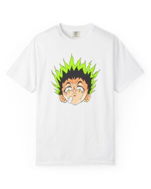 Model wearing Anime Shock Face T-Shirt in a streetwear outfit