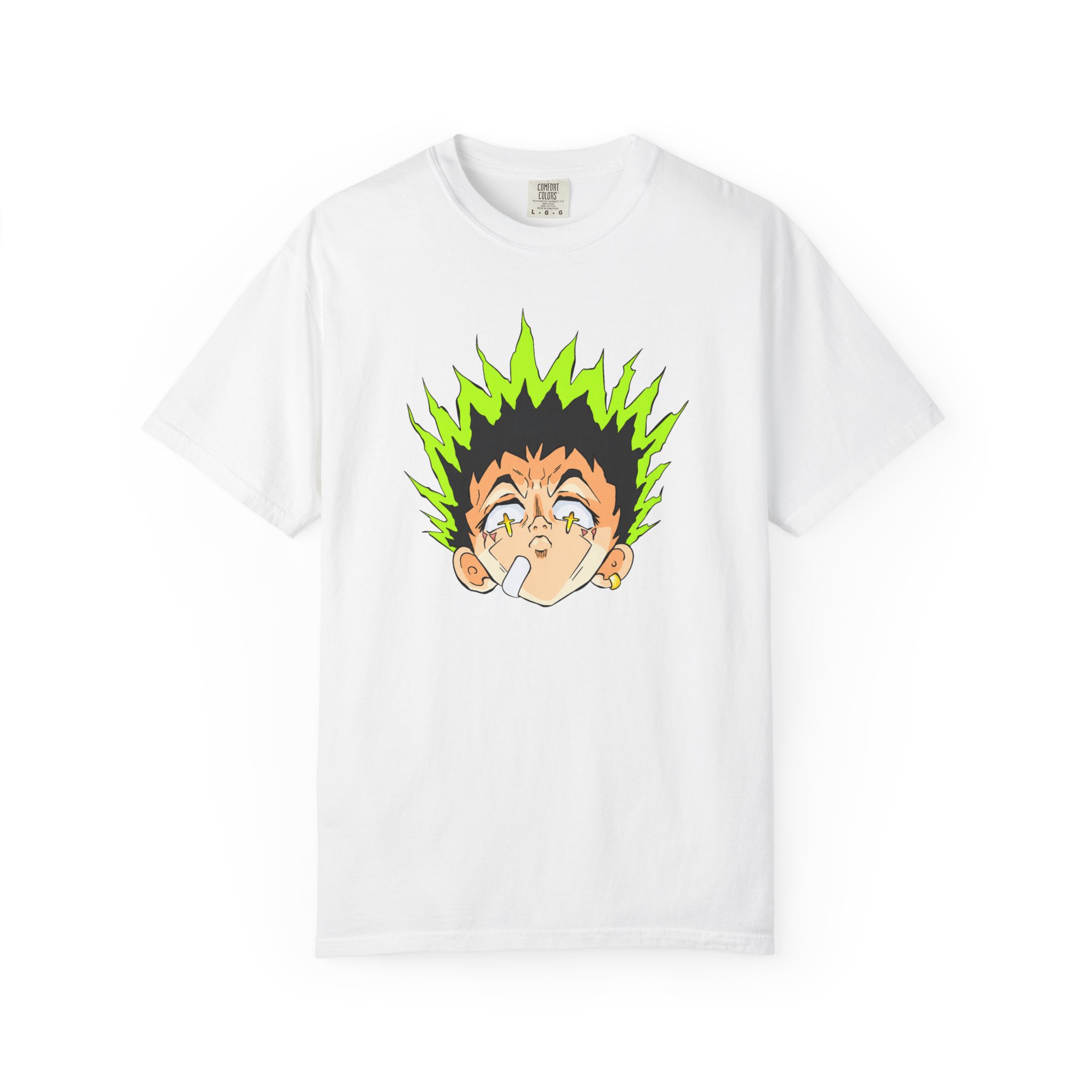 Model wearing Anime Shock Face T-Shirt in a streetwear outfit