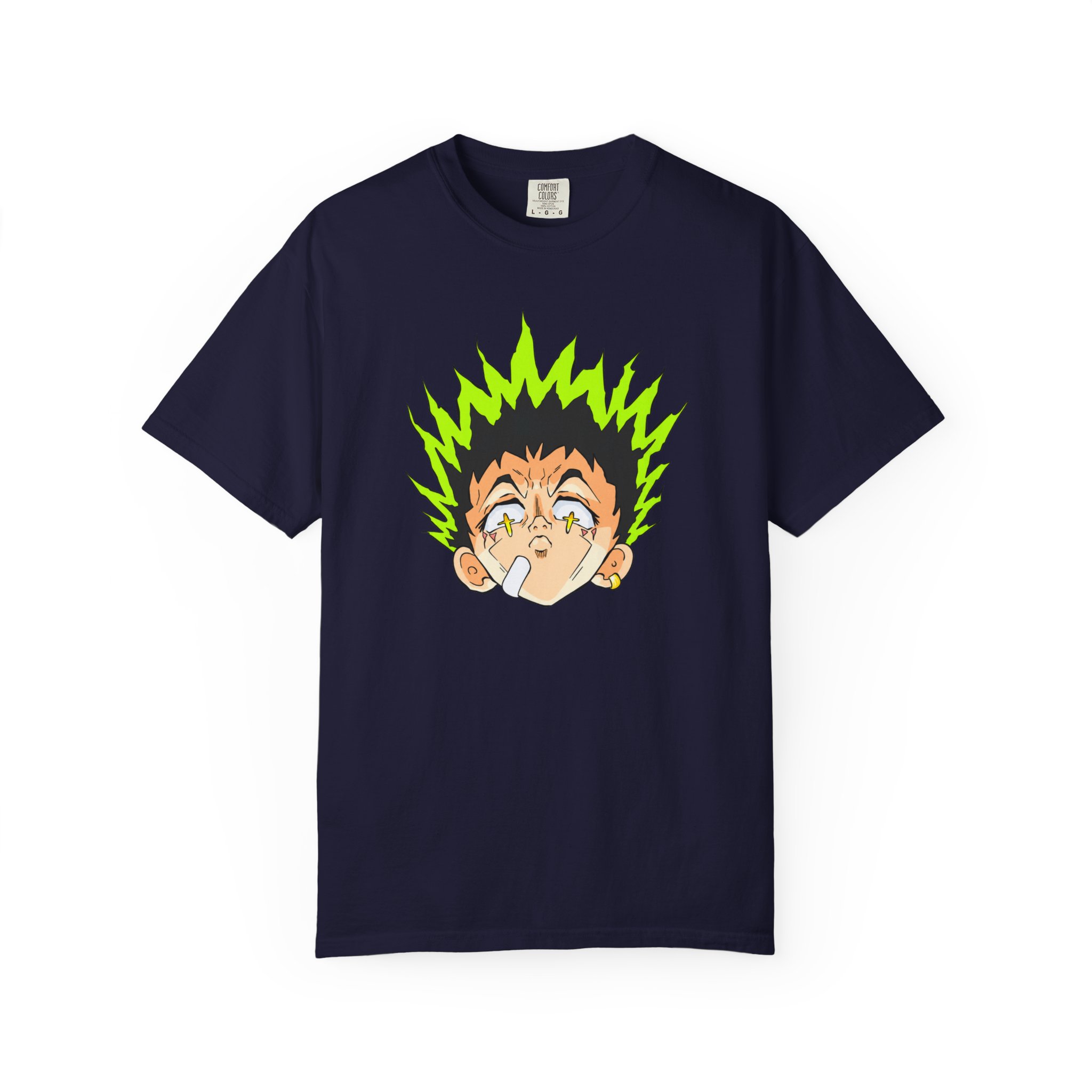 Bold character T-shirt featuring neon spiky hair artwork