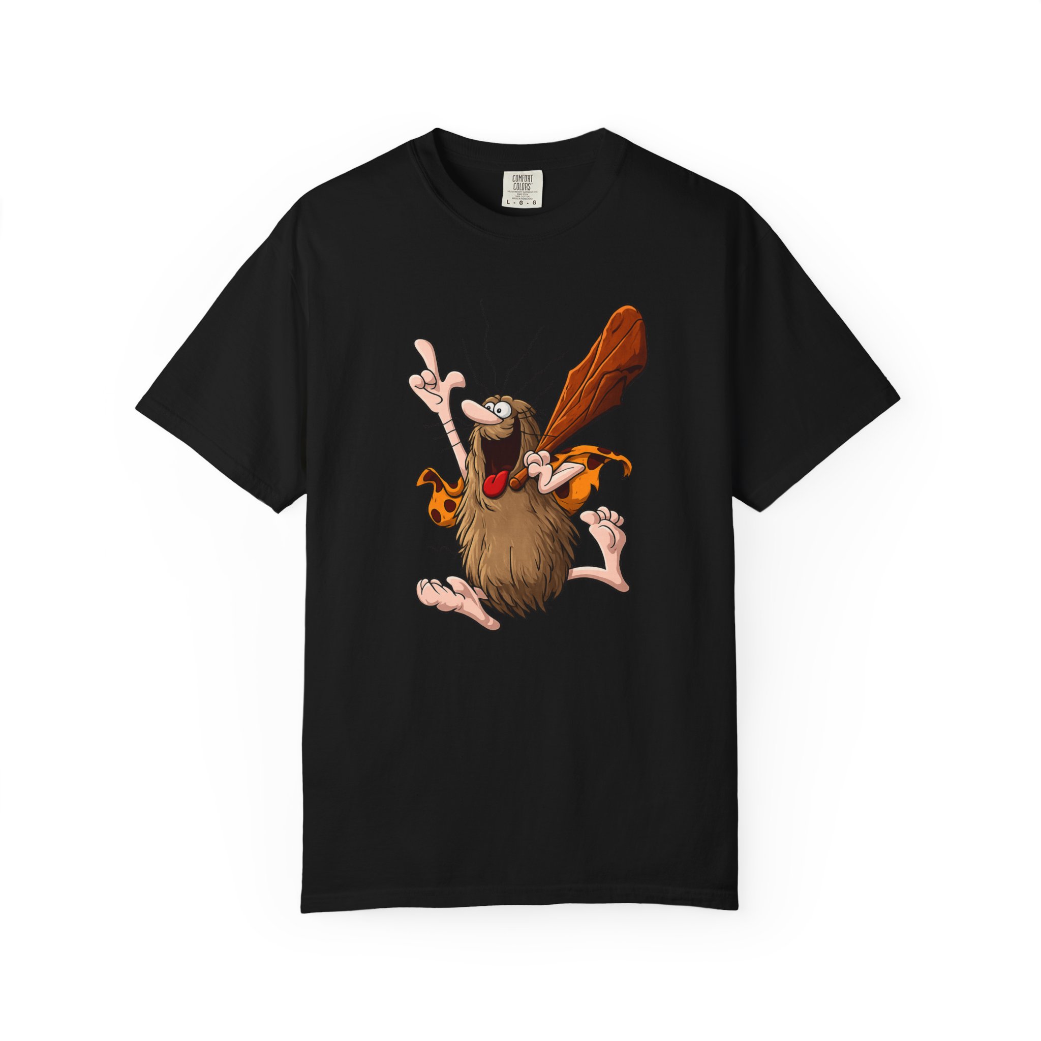 Funny cartoon caveman graphic tee with oversized wooden club