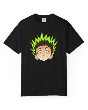 Anime Shock Face T-Shirt with neon-green spiky hair character