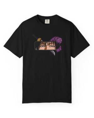 Anime Rearview Mirror T-Shirt front view with samurai blade graphic