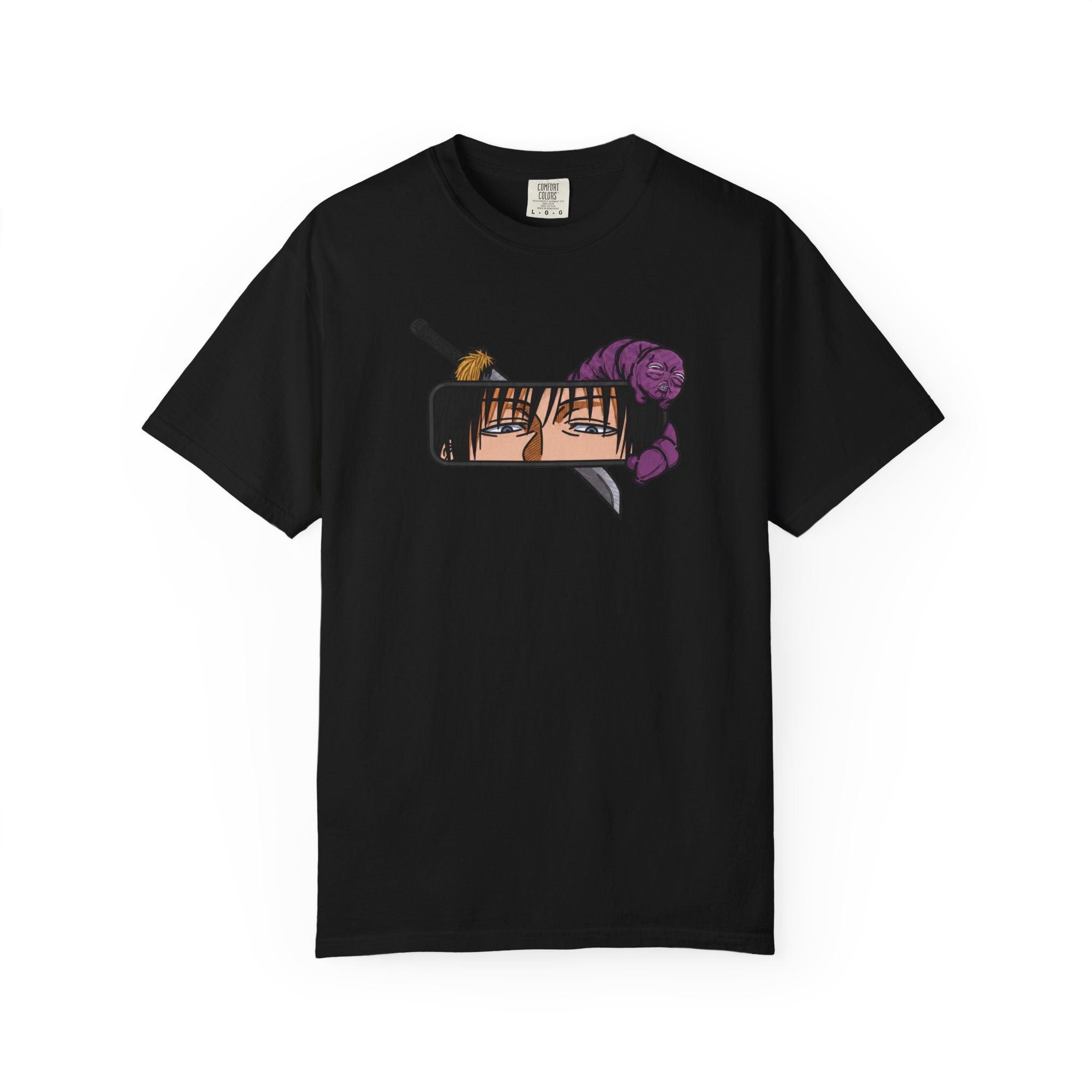 Anime Rearview Mirror T-Shirt front view with samurai blade graphic