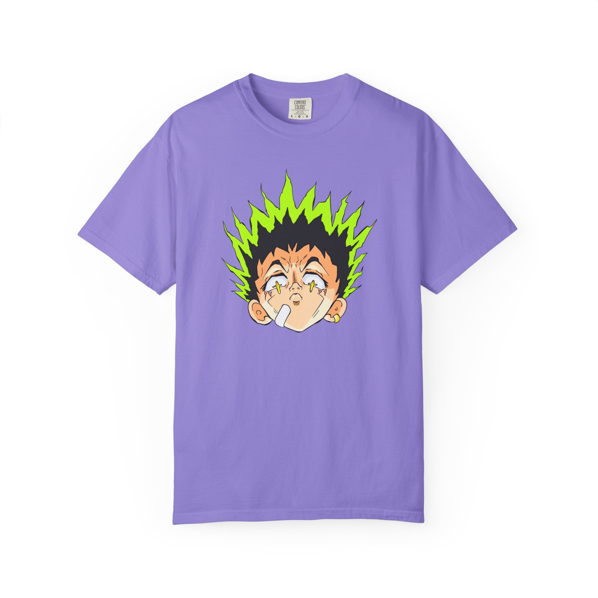 Neon-green anime character graphic tee with surprised expression