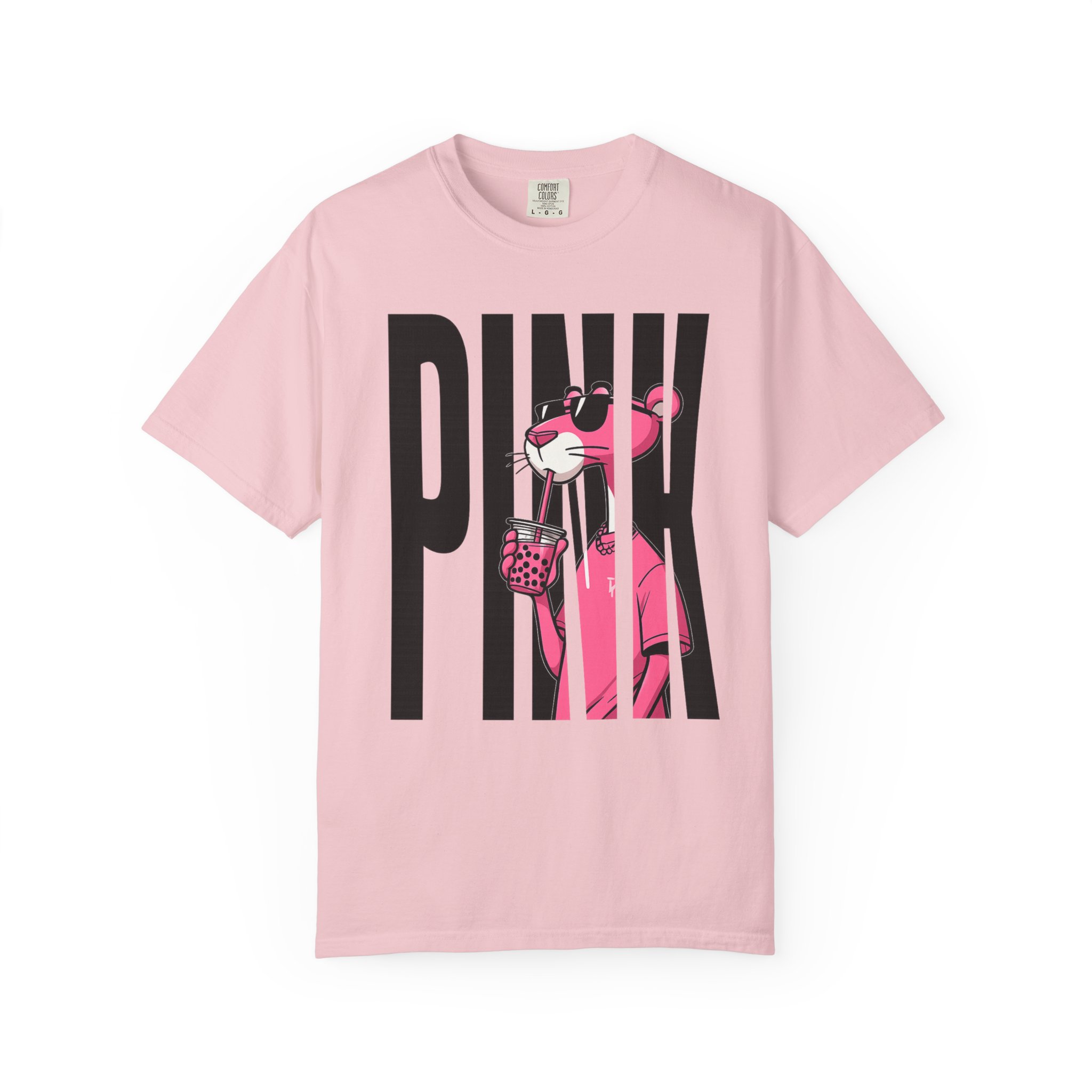 Pink Cartoon Panther T-Shirt front view with pink feline artwork