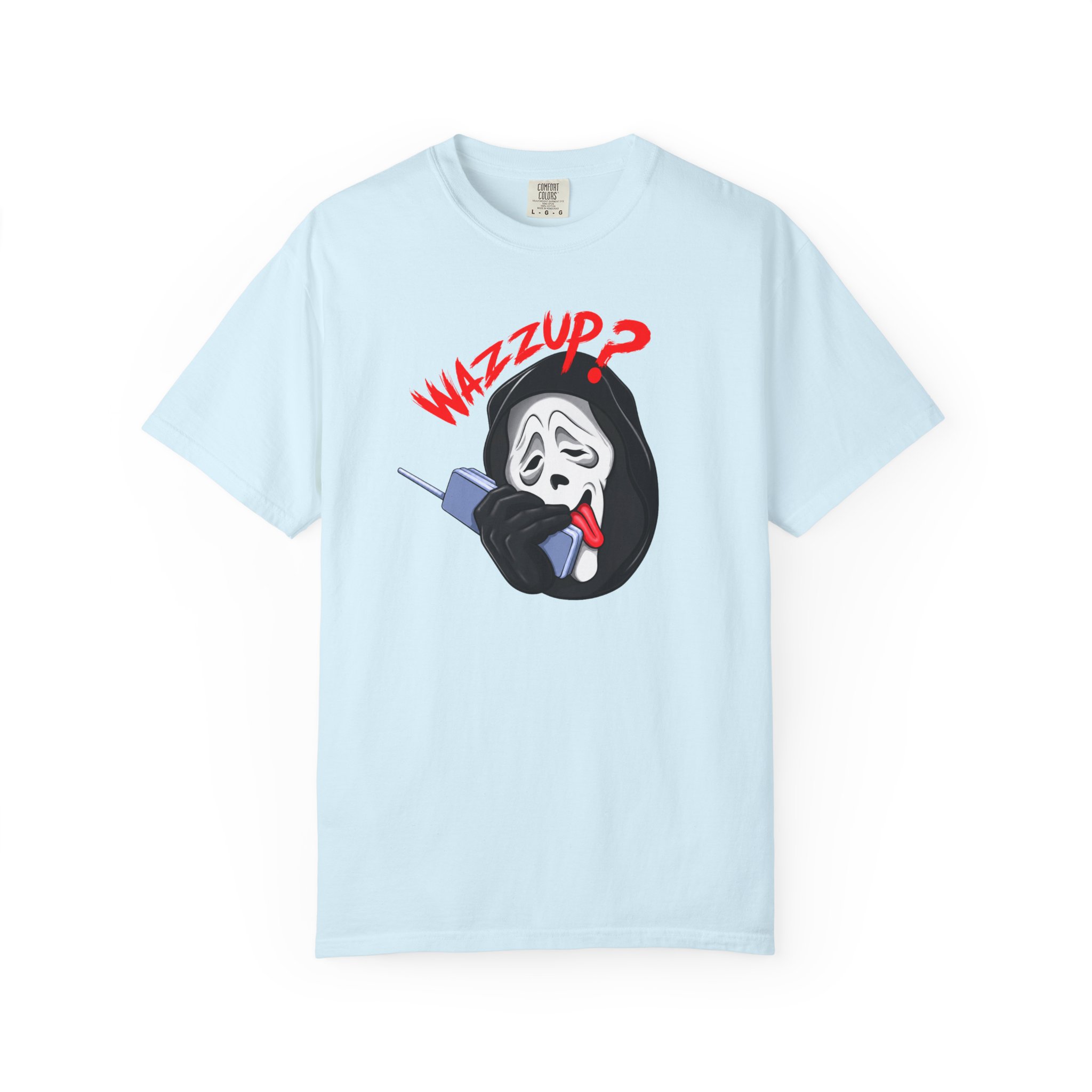 Funny horror mask graphic tee with Wazzup expression