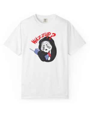 Wazzup Horror Mask T-Shirt with funny retro slasher graphic