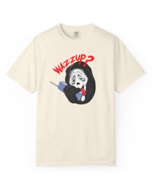 Wazzup Horror Mask T-Shirt front view with exaggerated mask artwork