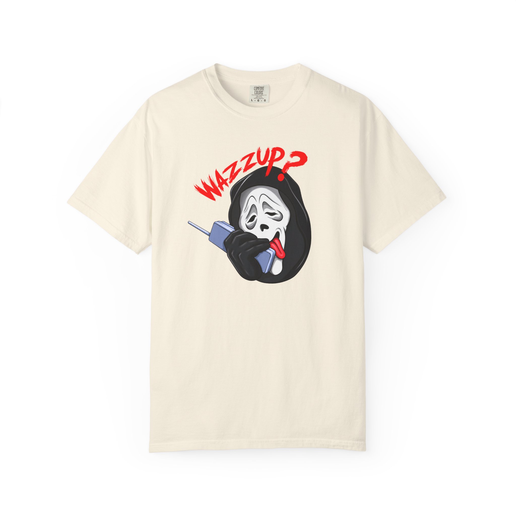 Wazzup Horror Mask T-Shirt front view with exaggerated mask artwork