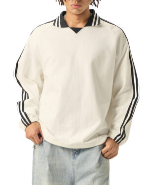 Contrast Striped Lapel Collar Sweatshirt