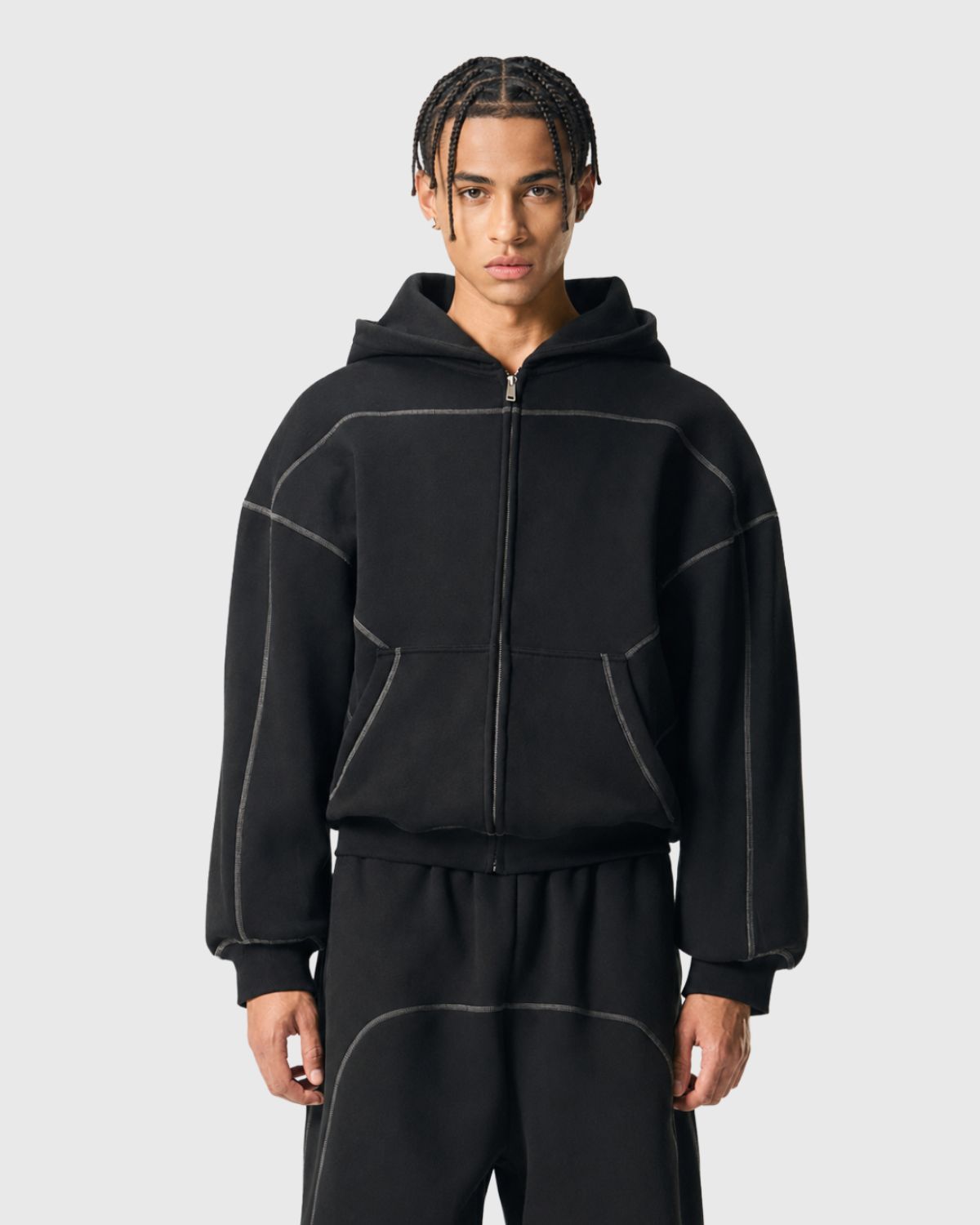 Oversized Zip-Up Hoodie | Contrast Stitch Streetwear